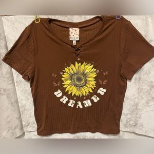 Woman’s Belle du Jour Brown crop top with sunflower